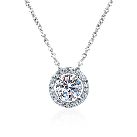 Moissanite Necklace for Women Classic Rond Cut Halo Brilliant Moissanite Pendent 925 Silver Platinum