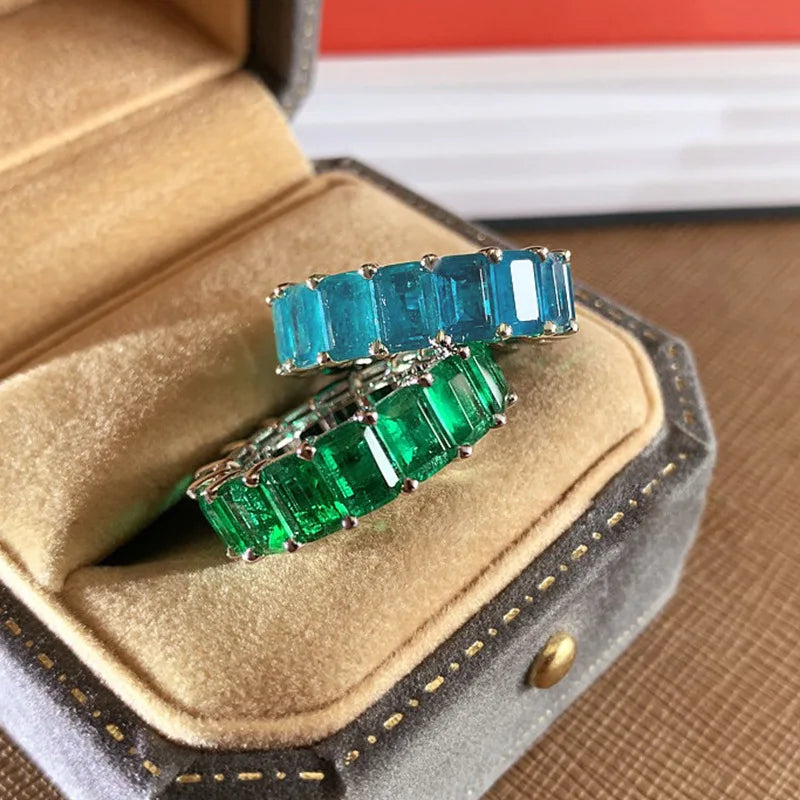 Elegant 925 Sterling Silver 5*7mm Rectangular Lab Emerald Paraiba Ring For Women Vintage Couple Jewelry Gifts