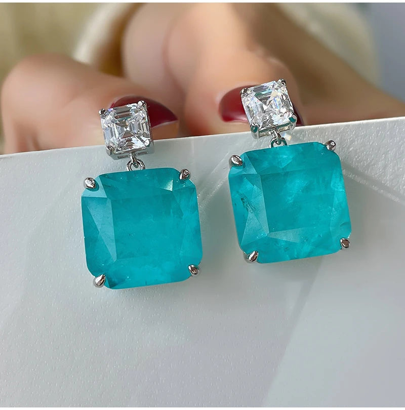 18K Gold Plated 15*15mm Lab Grown Emerald Paraiba Large Earrings With 925 Silver Fashionable Women