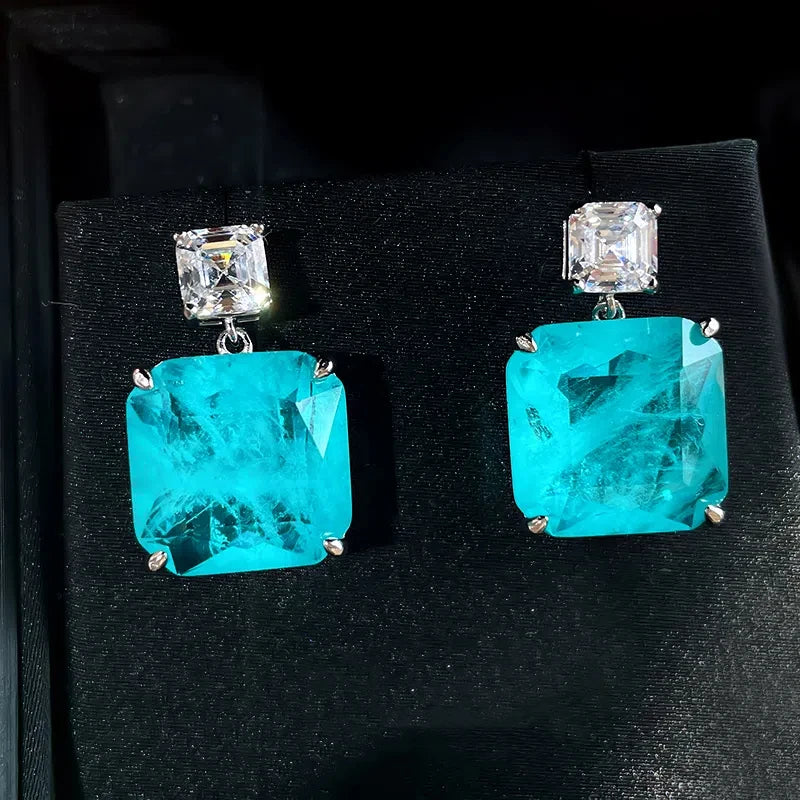 18K Gold Plated 15*15mm Lab Grown Emerald Paraiba Large Earrings With 925 Silver Fashionable Women