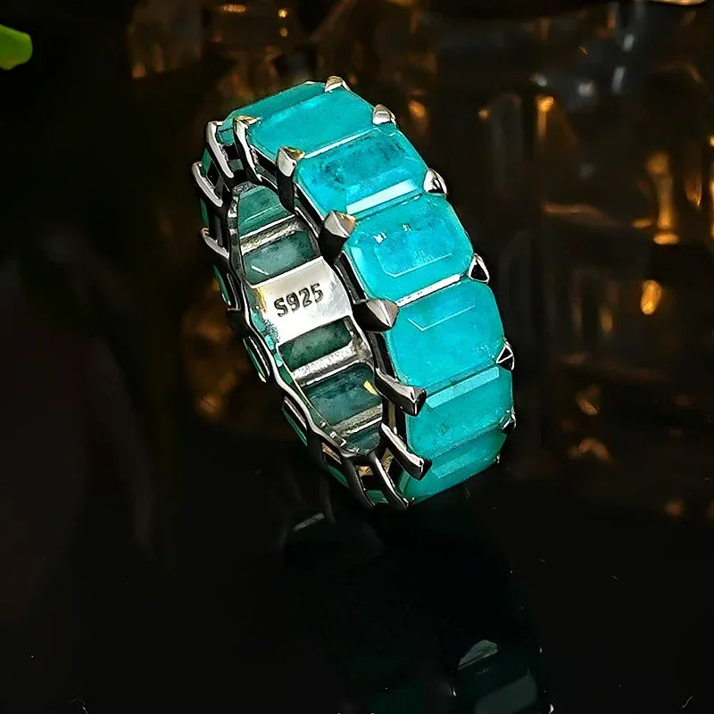 Elegant 925 Sterling Silver 5*7mm Rectangular Lab Emerald Paraiba Ring For Women Vintage Couple Jewelry Gifts