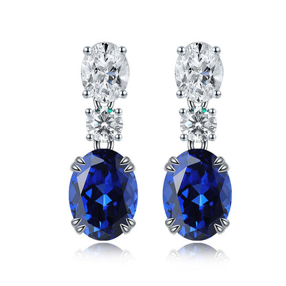 925 Silver 18K Plated 2.57ct Oval Blue Lab Grown Sapphire Gemstone Earrings