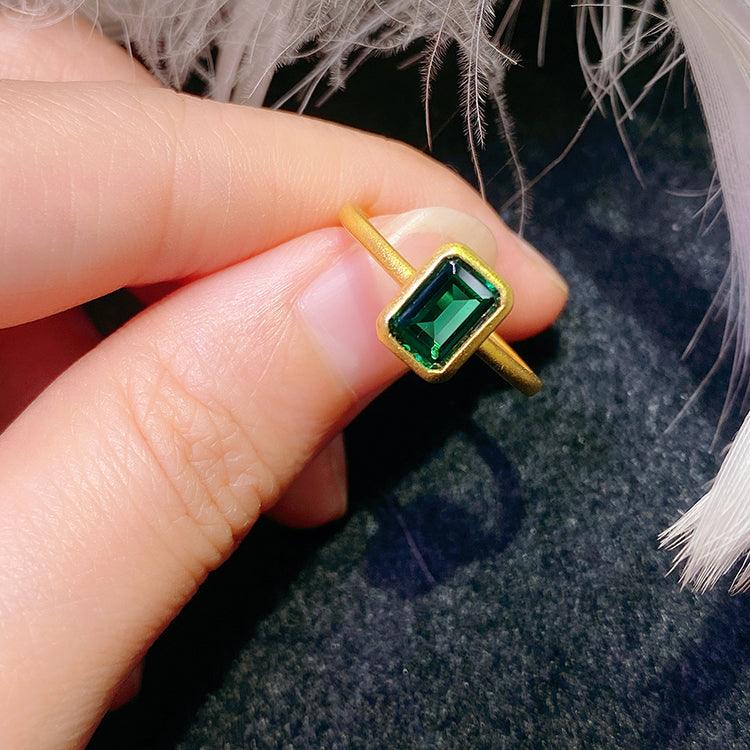 S925 Silver Yellow Gold Plated 5*7mm Rectangular Emerald Ring - ROISGEMS