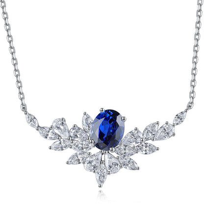 New Gemstone 2.715ct 7*9mm Oval Blue Sapphire Diamond 925 Sterling Silver Necklace Pendants