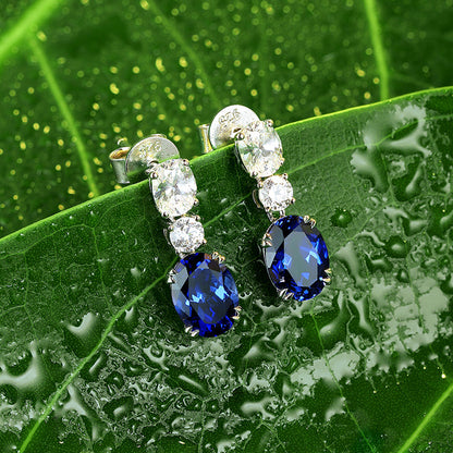 925 Silver 18K Plated 2.57ct Oval Blue Lab Grown Sapphire Gemstone Earrings