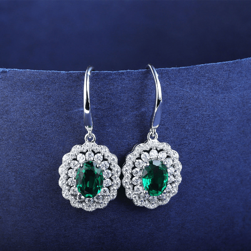 Lab Zambian Emerald Hoop Earrings Silver Dangle Earrings - ROISGEMS